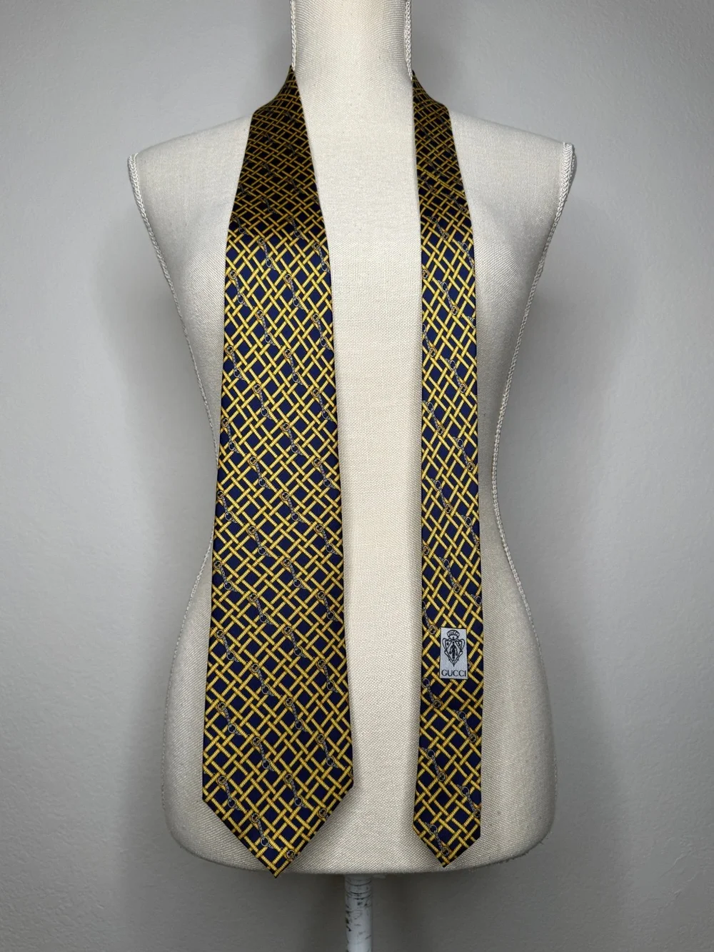 Gucci Navy Gold/Yellow Geometric Silk Tie One Size